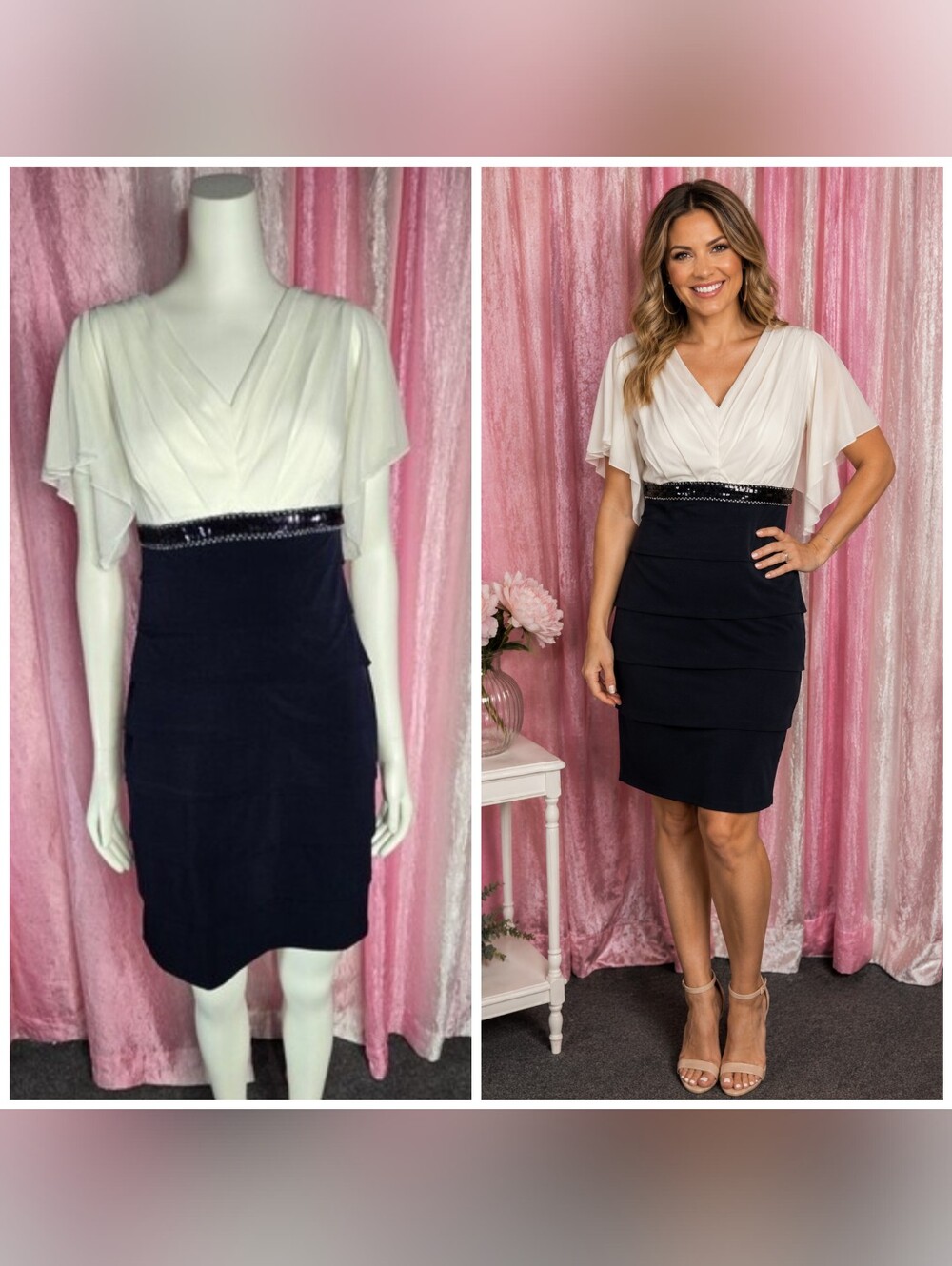 ENFOCUS White Navy Sequin Empire Waist Cocktail Pencil Dress Size 8 Petite